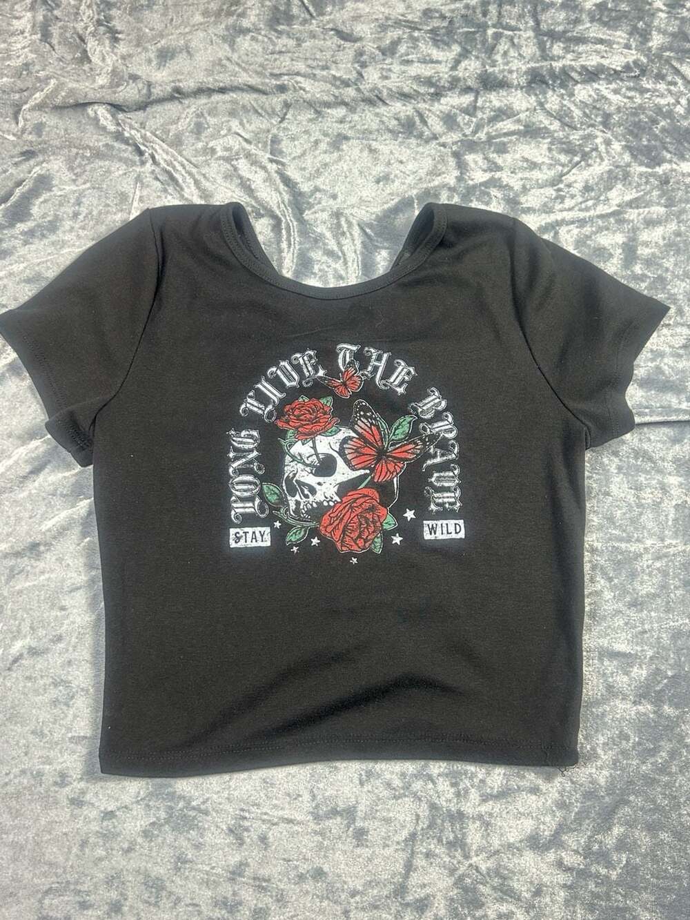 Forever 21 Long Live The Brave Skull Rose Butterfly Graphic Crop Tee Size L